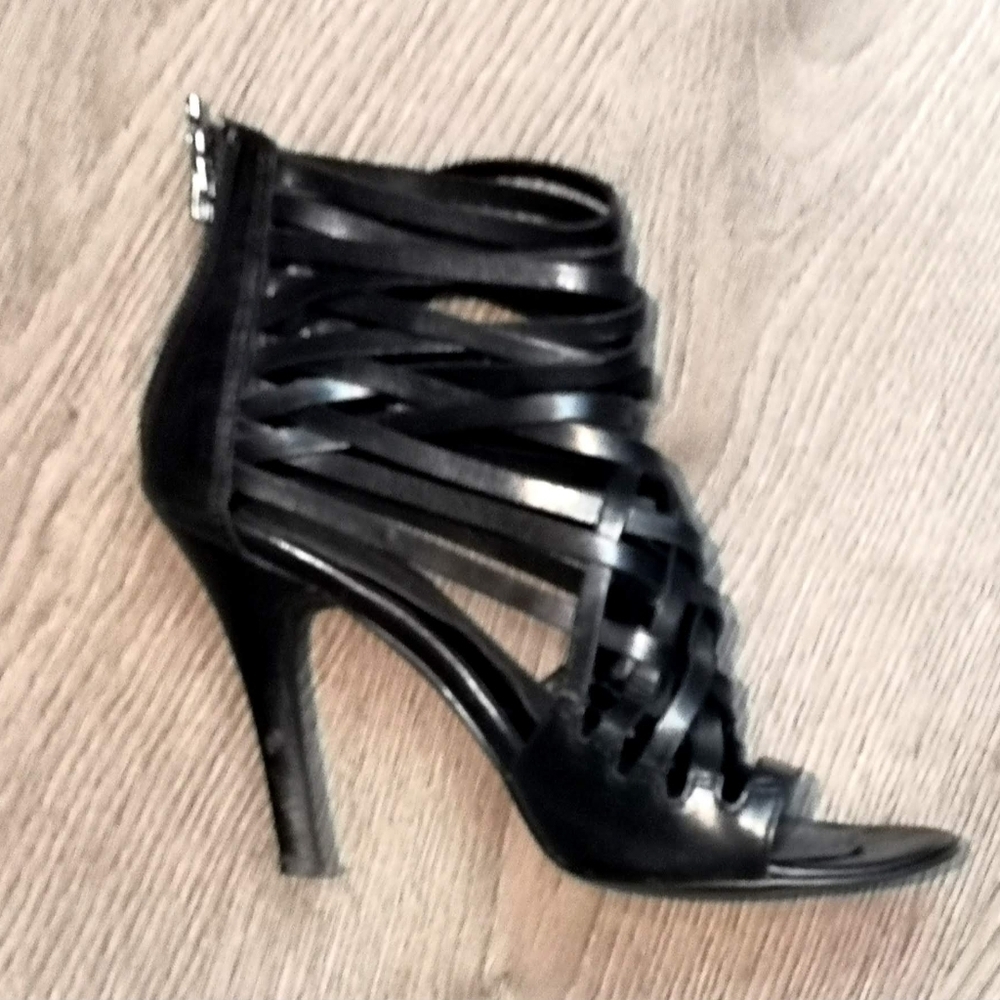 Vintage Black Leather Gladiator-Inspired High Heel Sandals